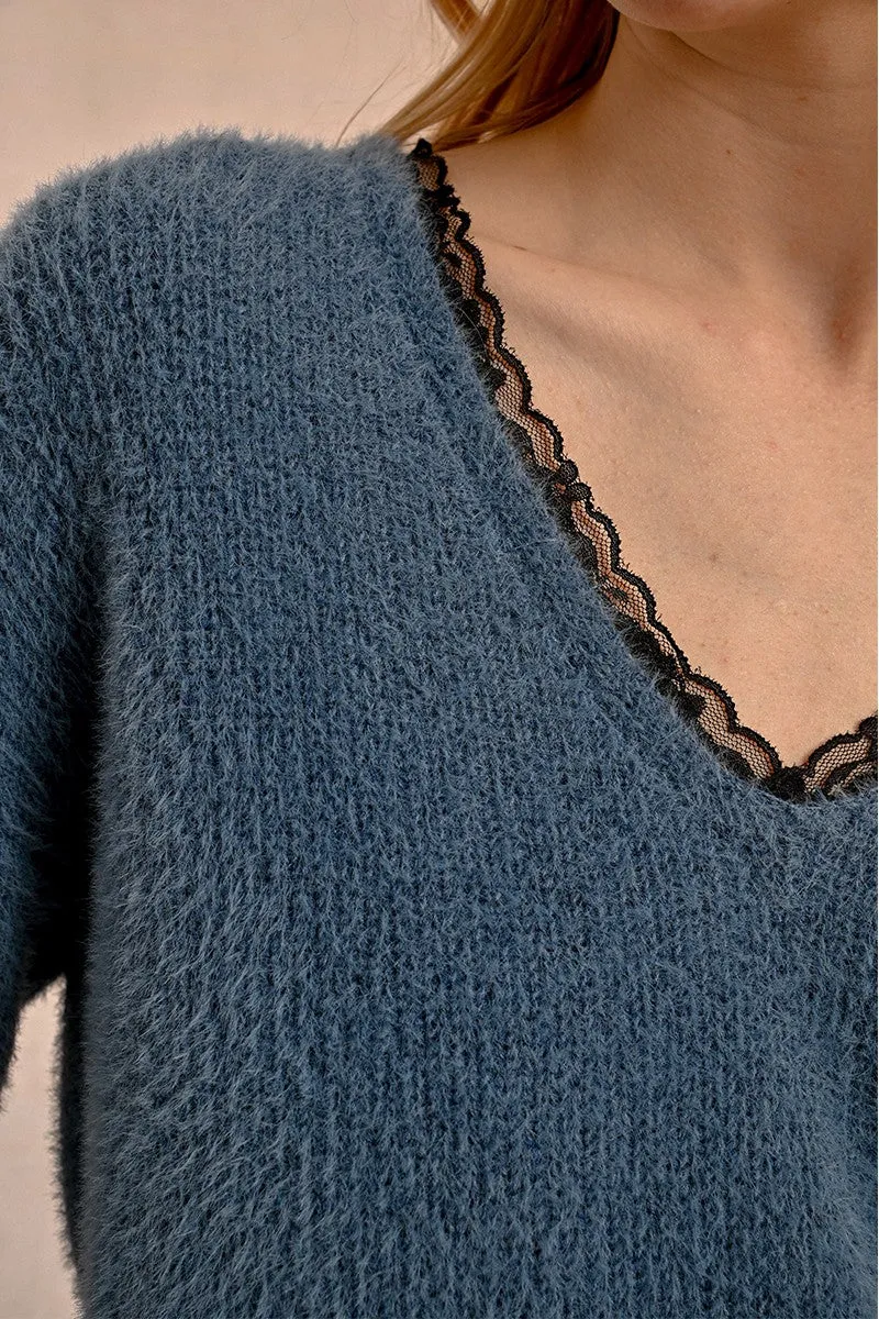 The Gisele Lace Trim Sweater - Ocean Blue