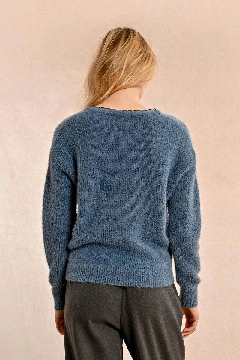 The Gisele Lace Trim Sweater - Ocean Blue