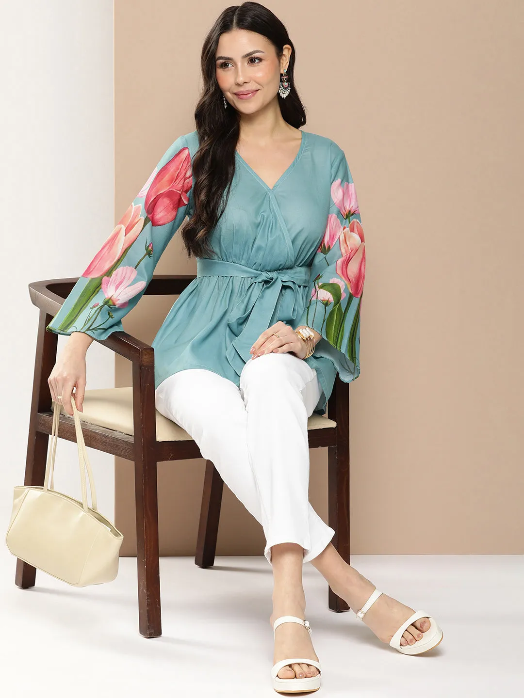 Turquoise Blue Printed Tie-Up Top