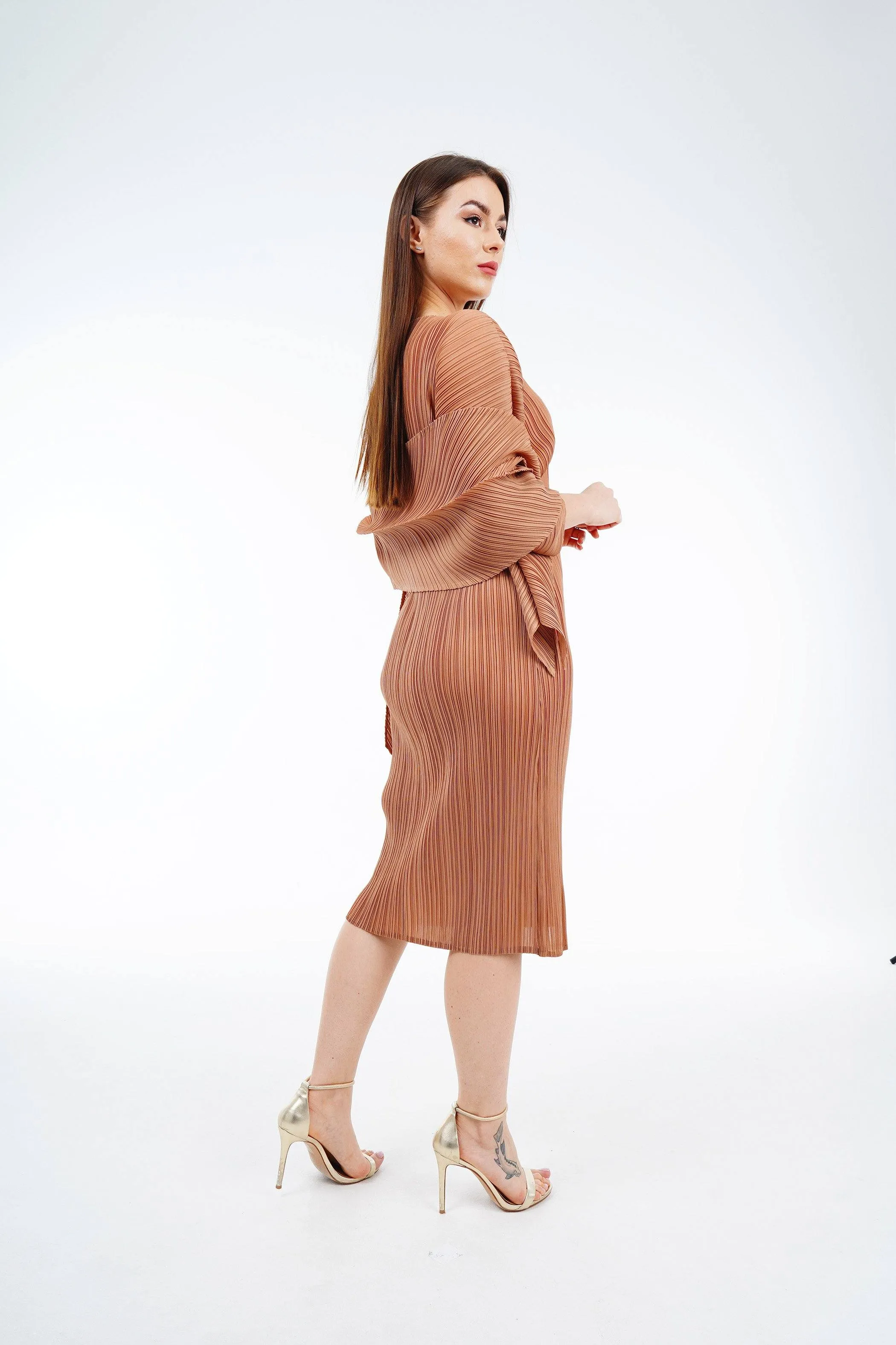 Twin Color Pleated Dress With Belt