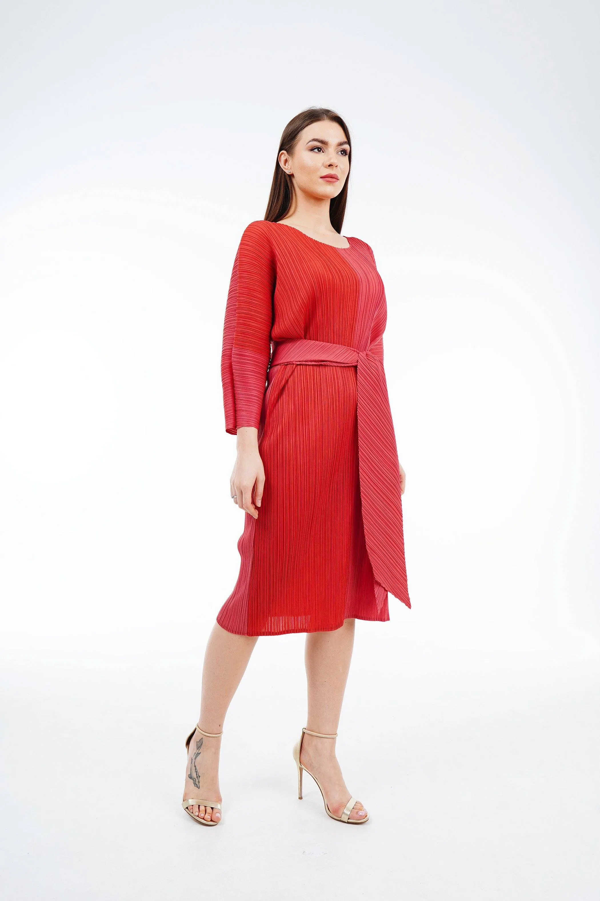 Twin Color Pleated Dress With Belt