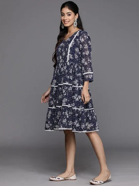 varanga navy blue and white floral print georgette ethnic round neck dress