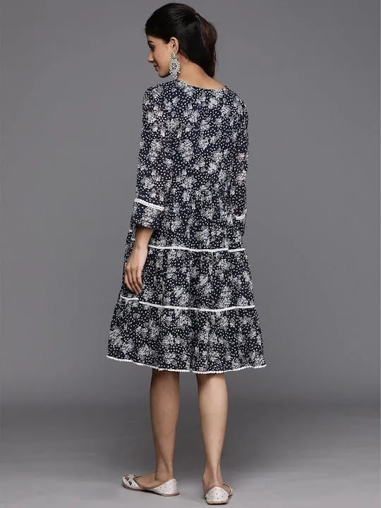 varanga navy blue and white floral print georgette ethnic round neck dress