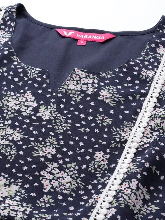 varanga navy blue and white floral print georgette ethnic round neck dress