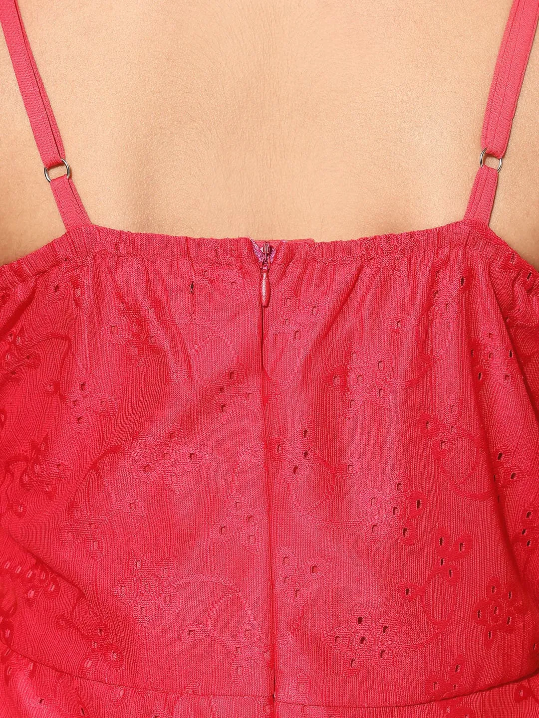 Women Red Schiffli Strappy A-Line Dress