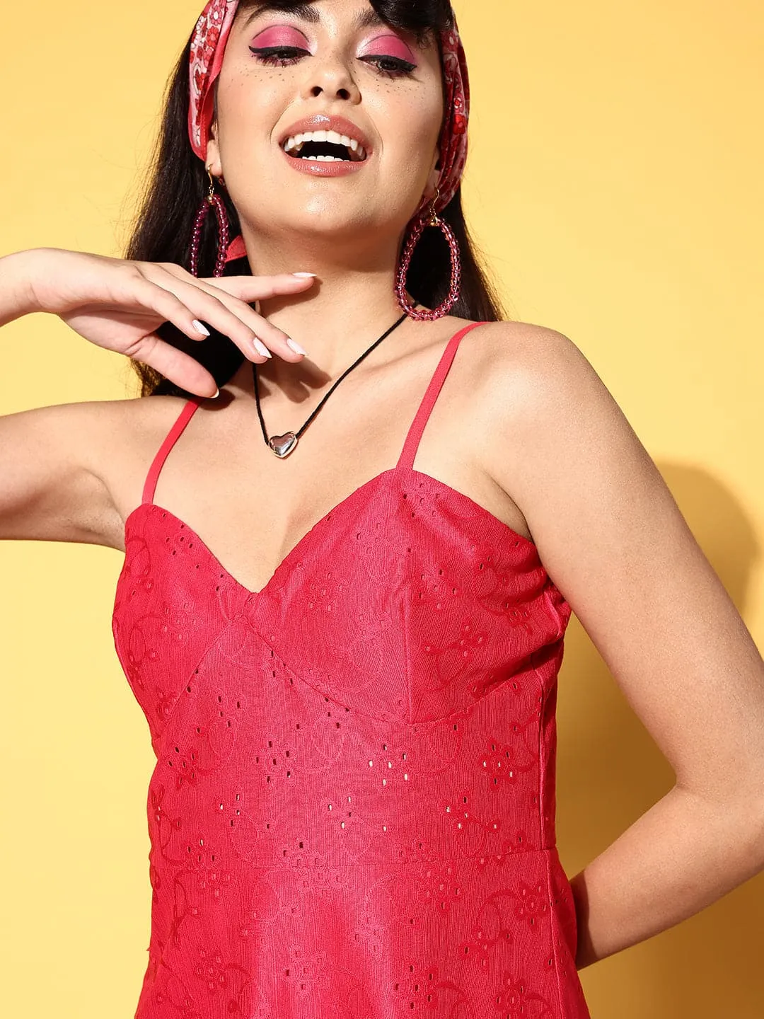 Women Red Schiffli Strappy A-Line Dress