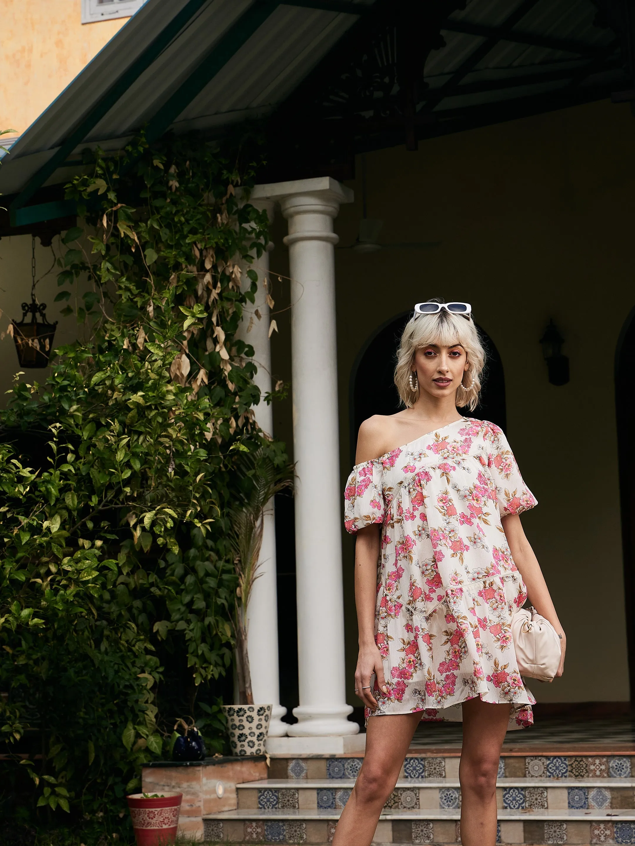 Women White Floral Chinon One Shoulder Boxy Dress