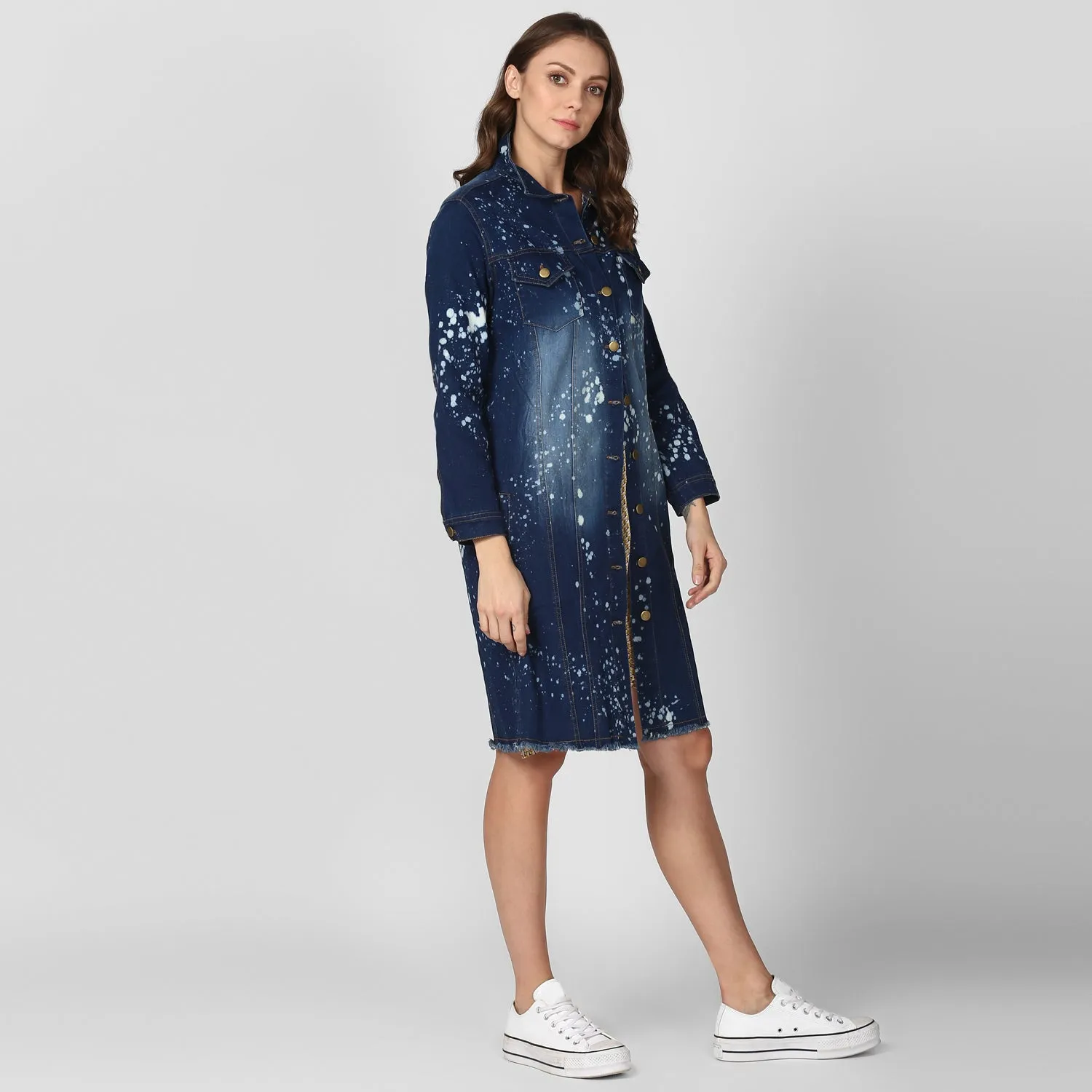 Women's Long Overcoat Style Denim Jacket with Splash effect - StyleStone