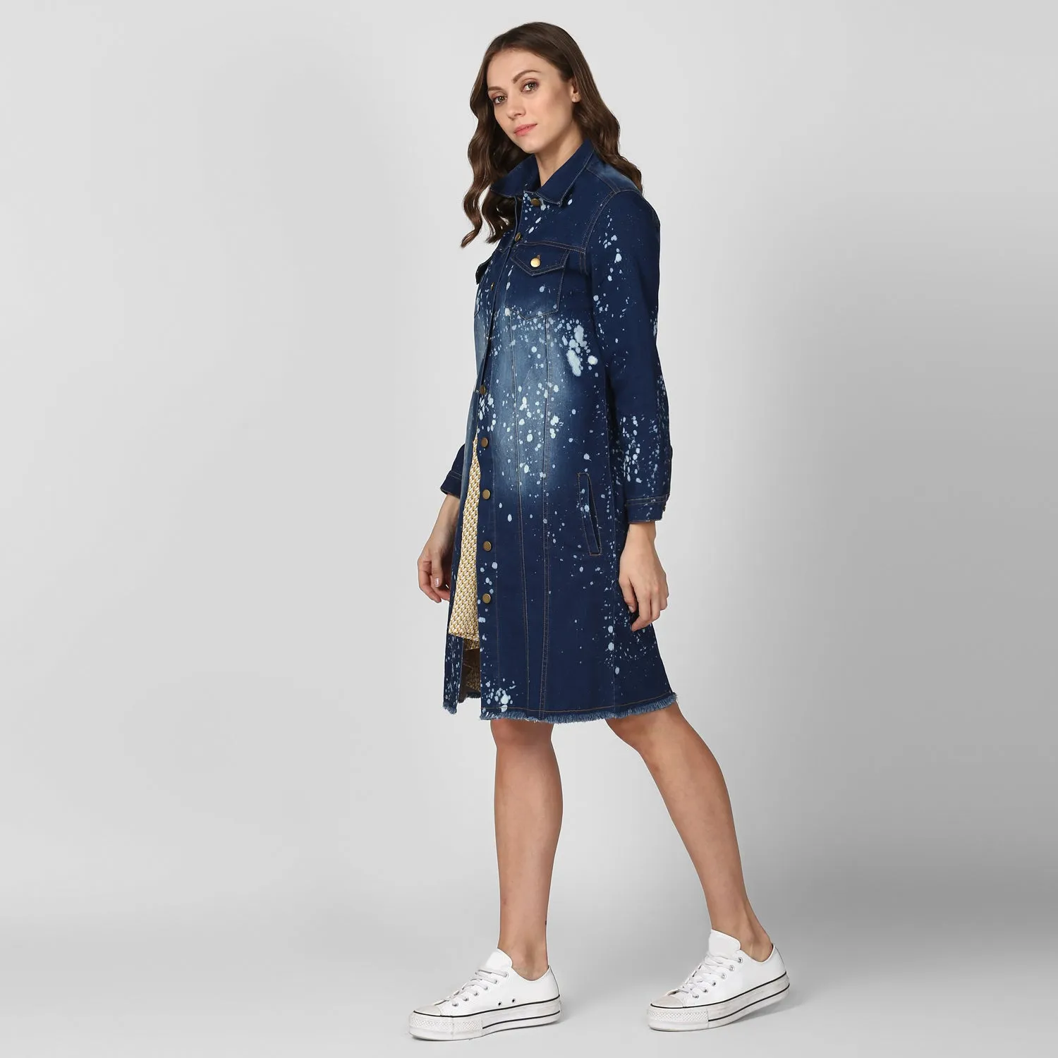Women's Long Overcoat Style Denim Jacket with Splash effect - StyleStone