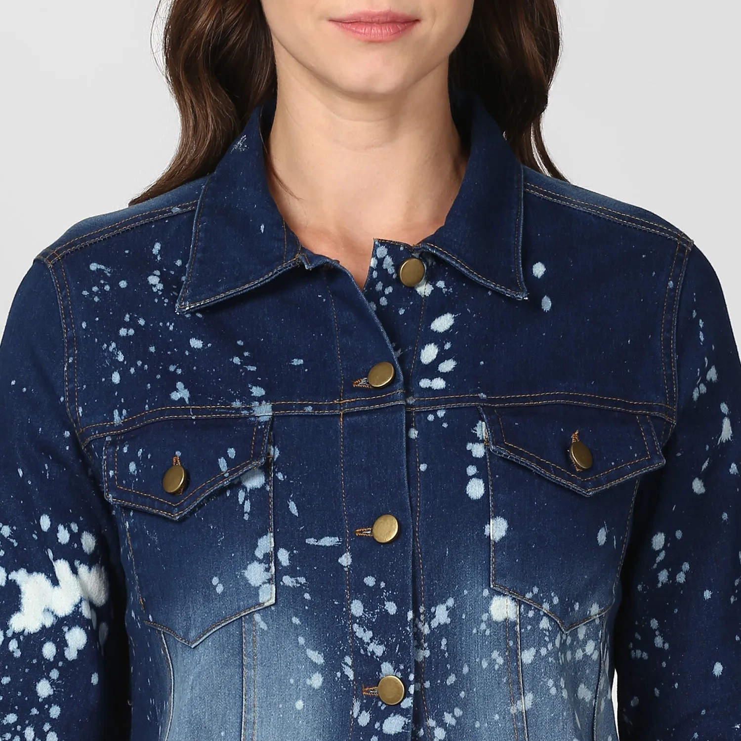 Women's Long Overcoat Style Denim Jacket with Splash effect - StyleStone