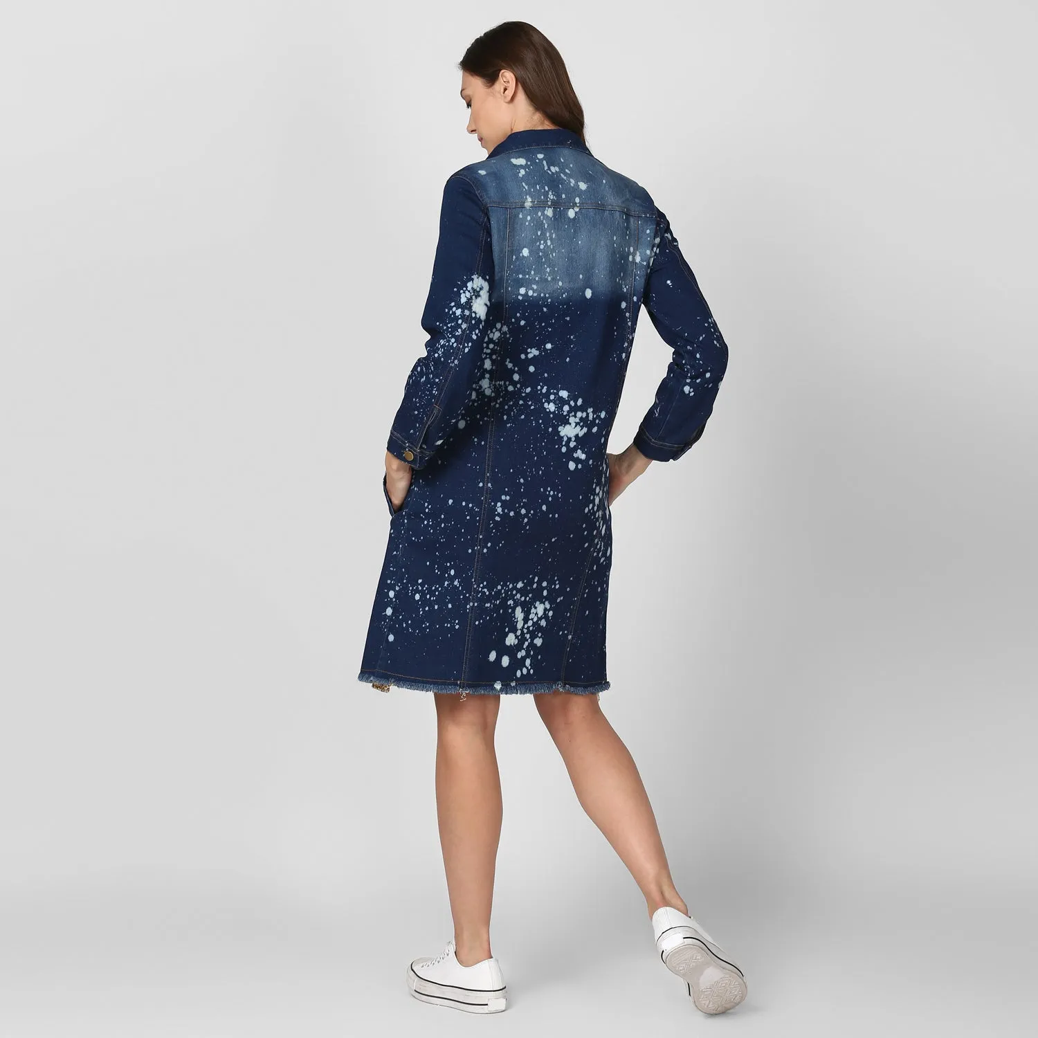 Women's Long Overcoat Style Denim Jacket with Splash effect - StyleStone