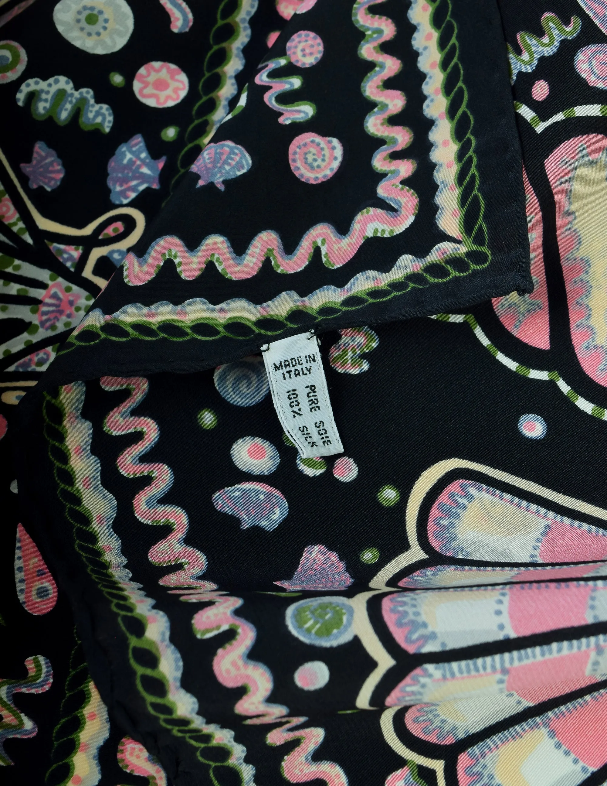 Zandra Rhodes Vintage Iconic Black Pastel Seashell Doodle Silk Scarf