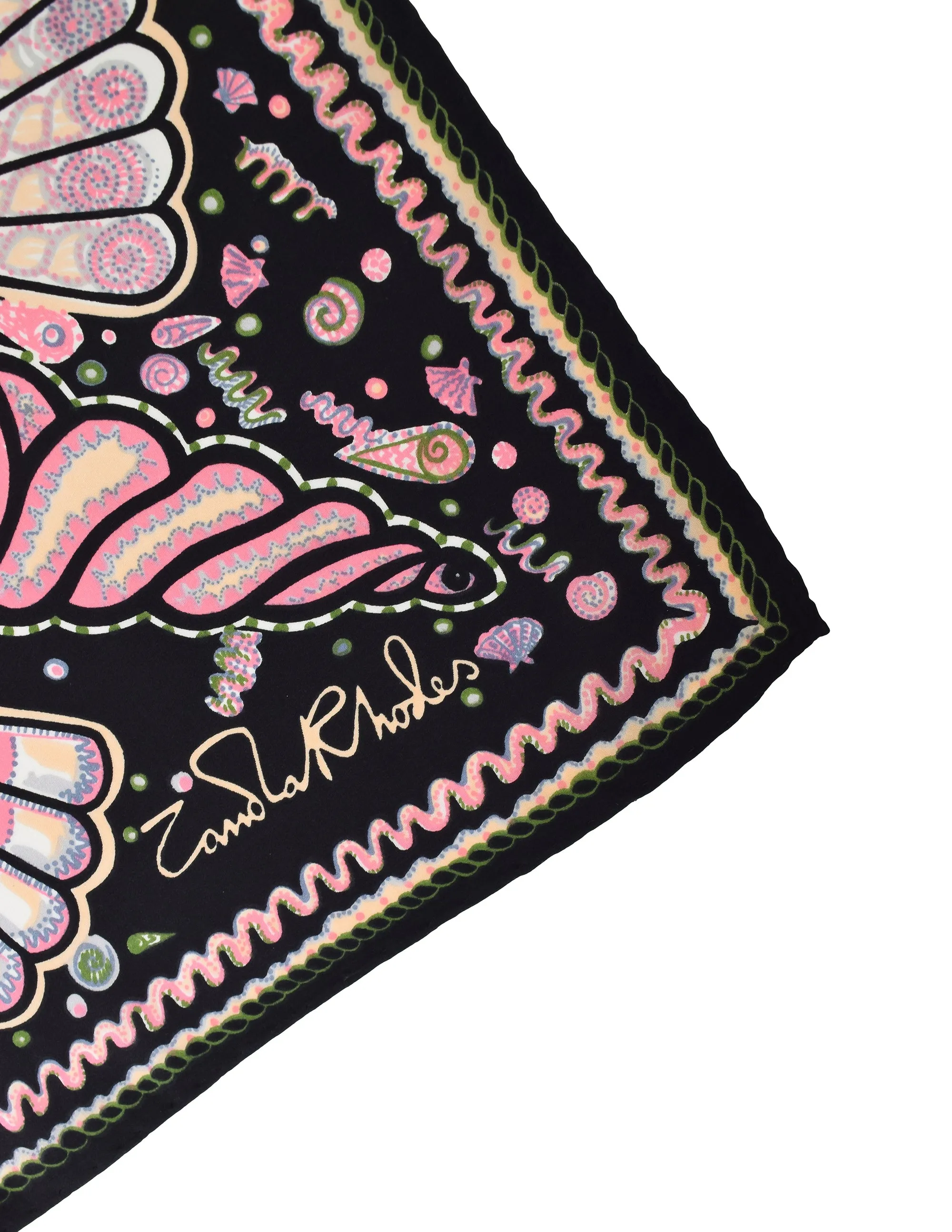 Zandra Rhodes Vintage Iconic Black Pastel Seashell Doodle Silk Scarf