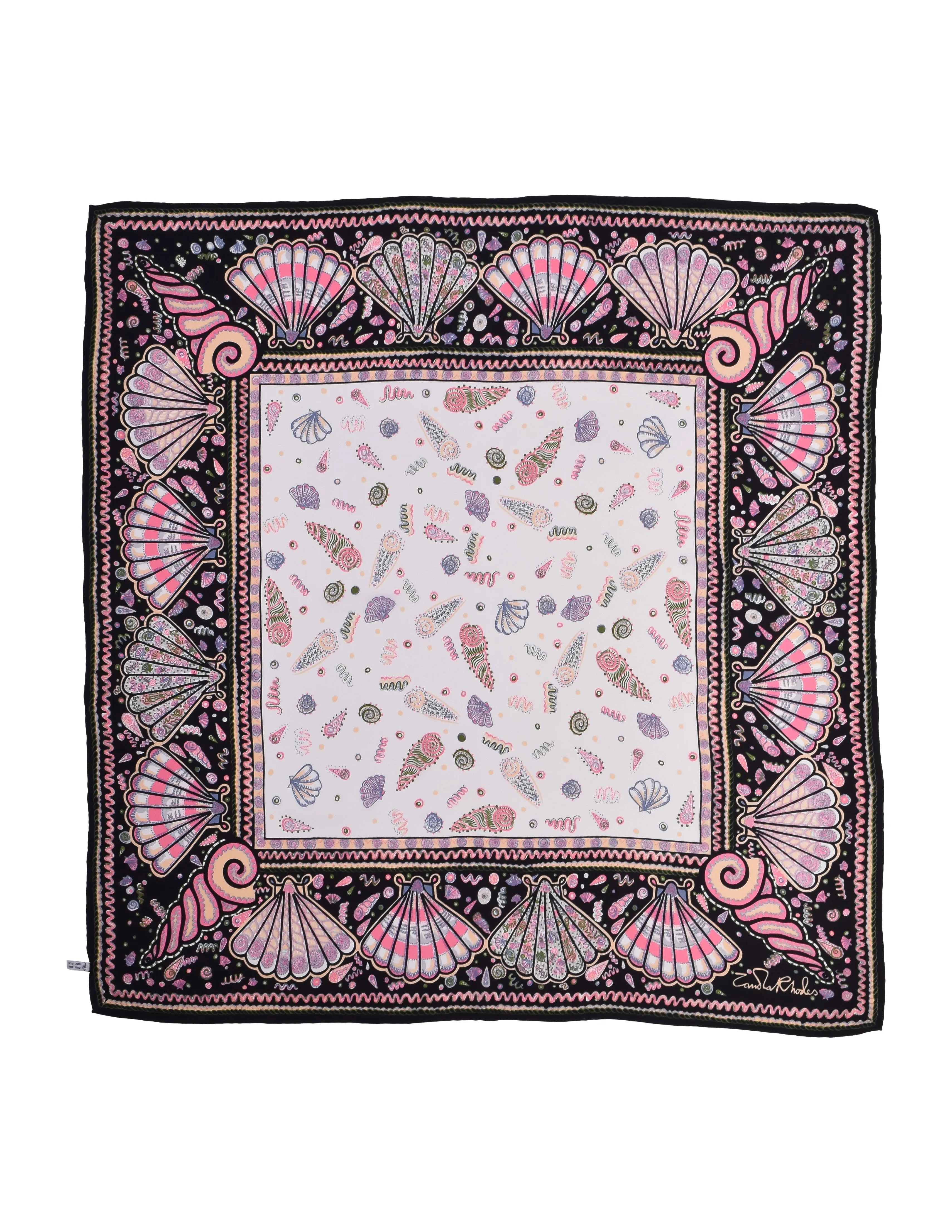 Zandra Rhodes Vintage Iconic Black Pastel Seashell Doodle Silk Scarf