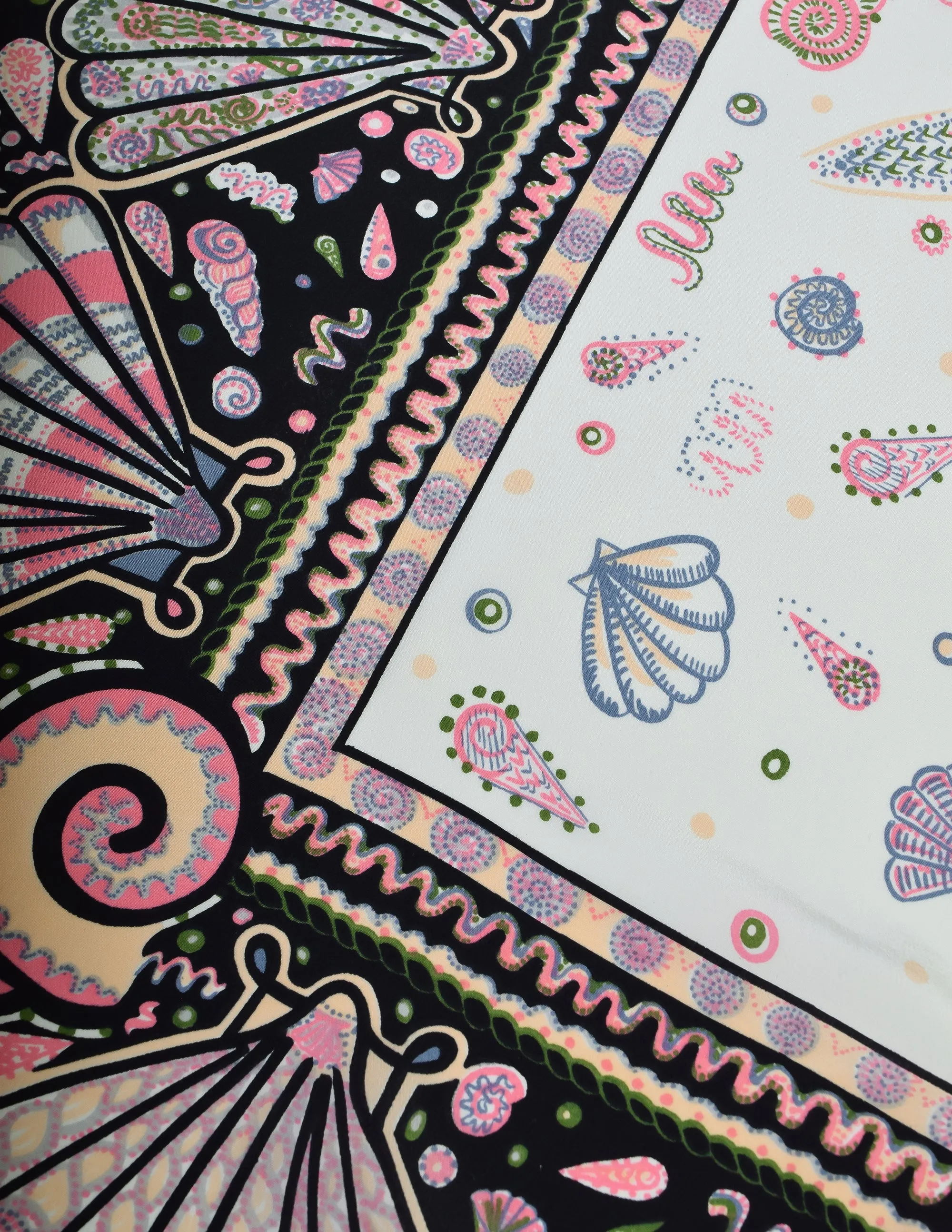 Zandra Rhodes Vintage Iconic Black Pastel Seashell Doodle Silk Scarf