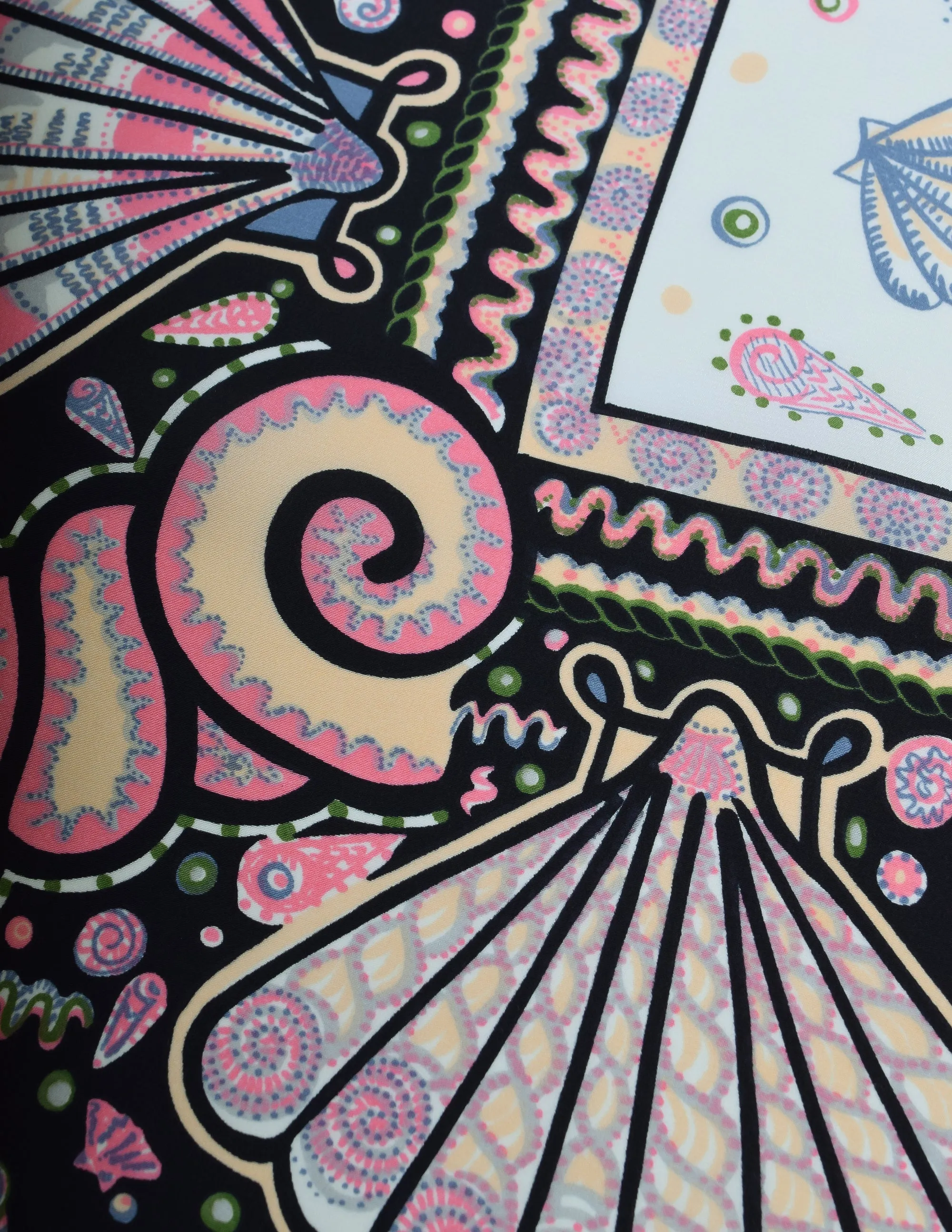 Zandra Rhodes Vintage Iconic Black Pastel Seashell Doodle Silk Scarf